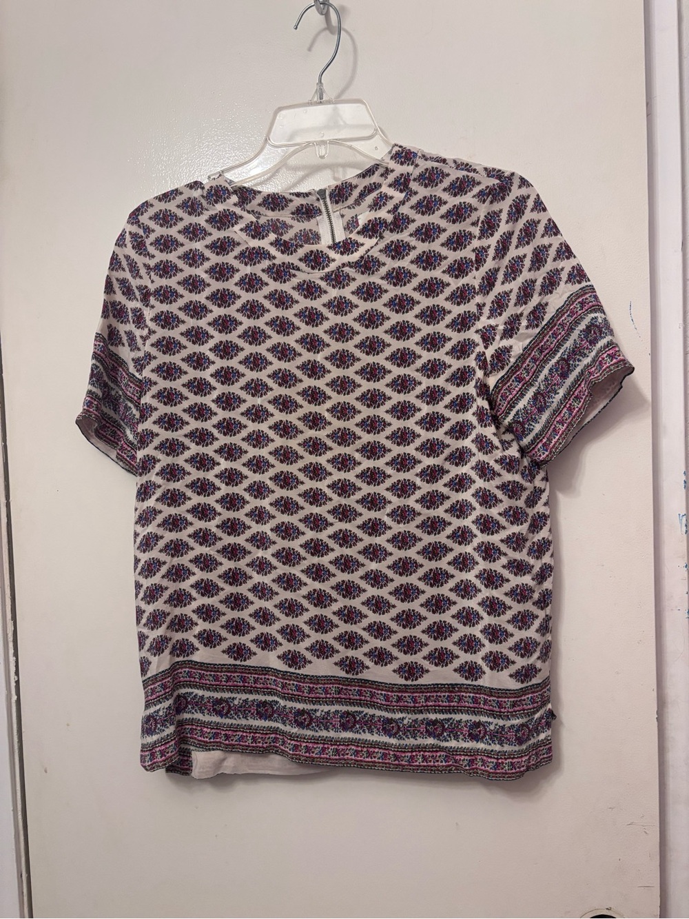 Madewell silk Bohemian Print Short Sleeve Top in Cream and Purple